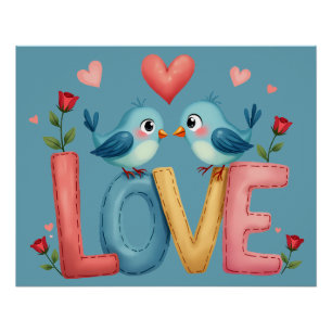 Whimsical Love Birds Pastel Cottagecore Art Poster