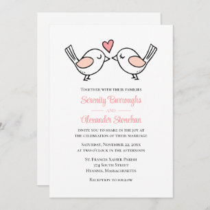 Whimsical Love Birds Pink White Lovebirds Wedding Invitation
