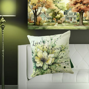 Whimsical Love Grows Green Floral Cushion
