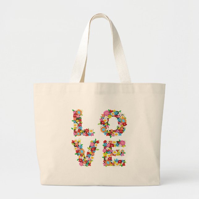 Whimsical LOVE Spring Flowers Garden Colourful Chi Large Tote Bag (Front)