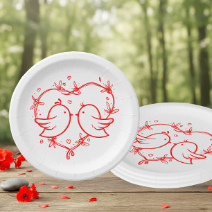 Whimsical Lovebirds Boho Red Heart Garden Wedding Paper Plate