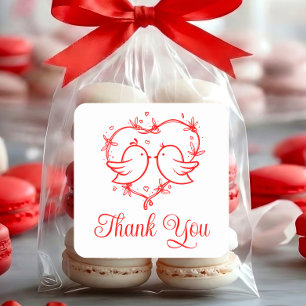 Whimsical Lovebirds Boho Red Heart Thank You Square Sticker