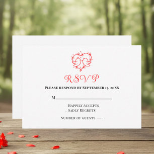 Whimsical Lovebirds Boho Red Heart Wedding RSVP Card