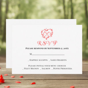 Whimsical Lovebirds Boho Red Heart Wedding RSVP Card