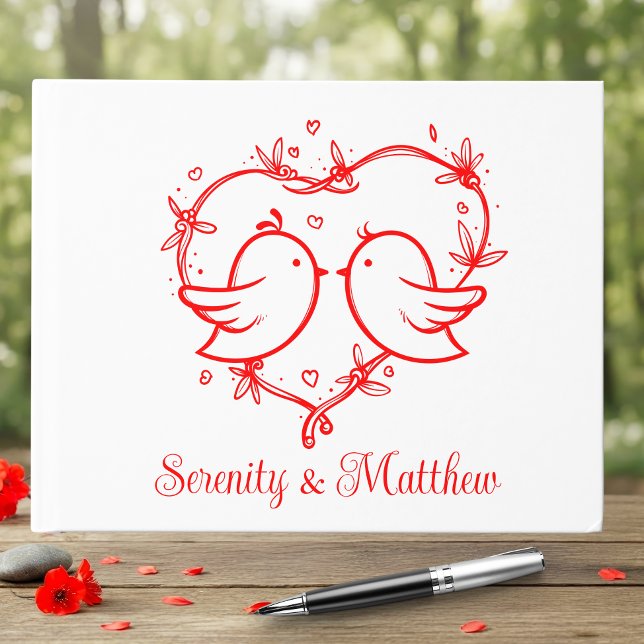 Whimsical Lovebirds Boho Red Love Heart Wedding Guest Book (Creator Uploaded)