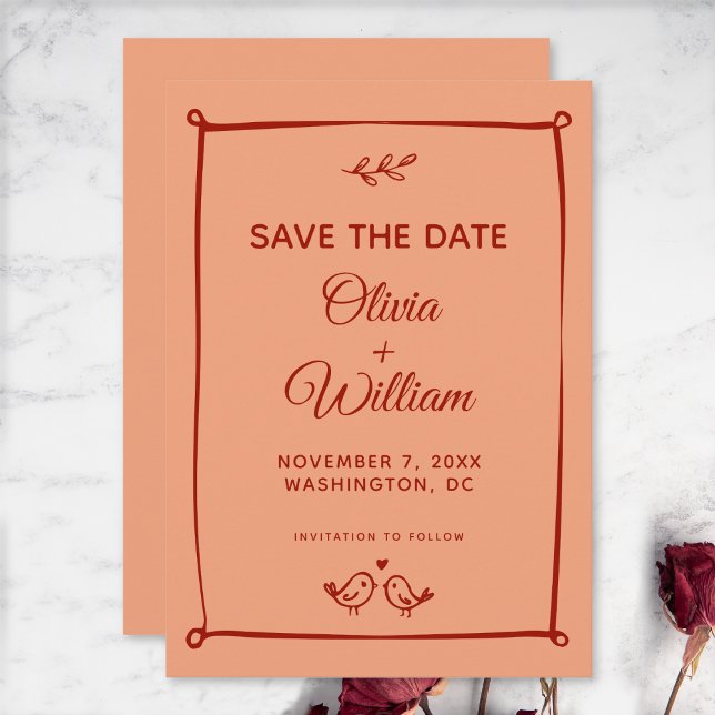  Whimsical Lovebirds, Orange and Red Wedding Save The Date (Creator Uploaded)