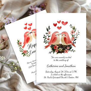 Whimsical Lovebirds Pink Hearts Wedding   Invitation