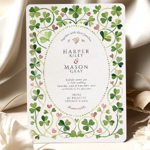Whimsical Lucky Clover & Hearts Watercolor Wedding Invitation