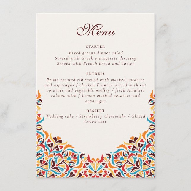 Whimsical Luxury Ivory Floral Style Border Wedding Menu (Front)