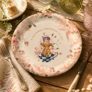 Whimsical Mad Hatter Highland Cow Tea Party Paper Plate