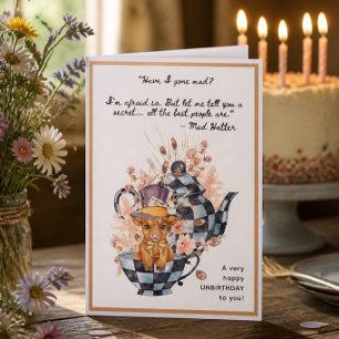 Whimsical Mad Hatter Quote Highland Cow Birthday Card