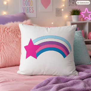 Whimsical Magenta Shooting Star Rainbow Cushion