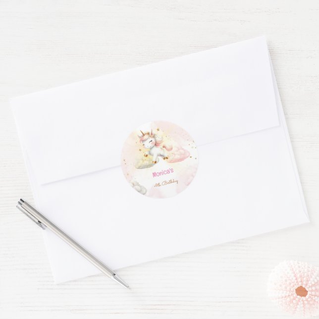 Whimsical magic pastel unicorn kids birthday classic round sticker (Envelope)