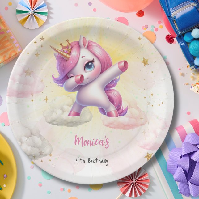 Whimsical magic pink dabbing unicorn kids birthday paper plate (Creator Uploaded)