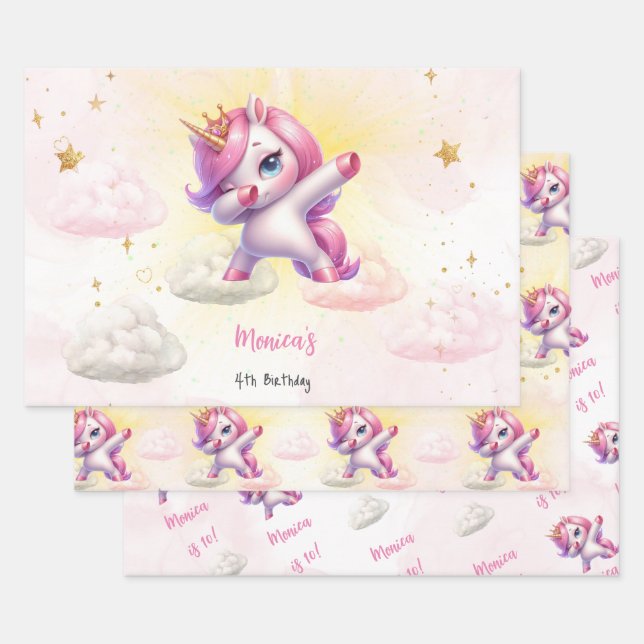 Whimsical magic pink dabbing unicorn kids birthday wrapping paper sheet (Set)