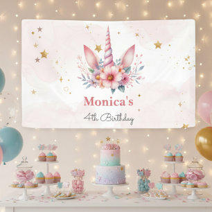 Whimsical magic pink unicorn horn kids birthday banner