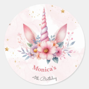 Whimsical magic pink unicorn horn kids birthday classic round sticker