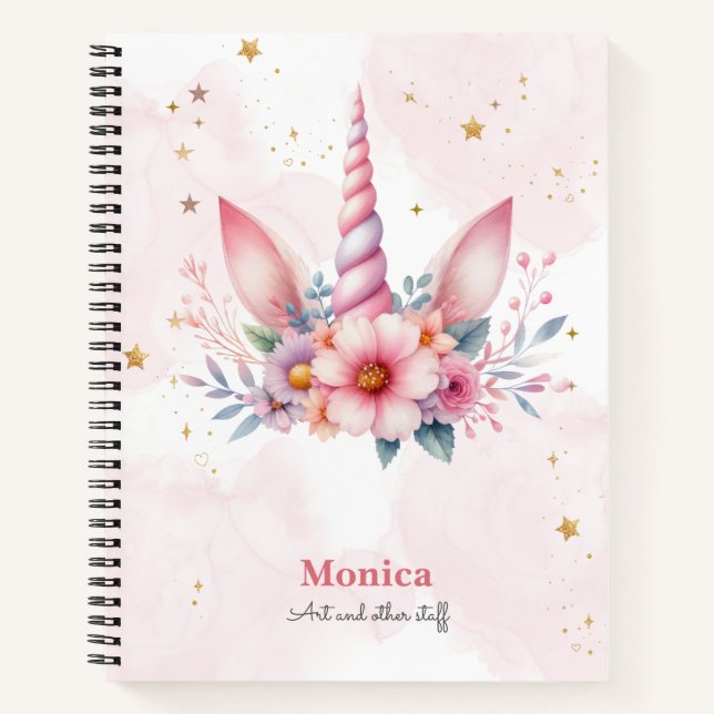 Whimsical magic pink unicorn horn kids notebook (Front)