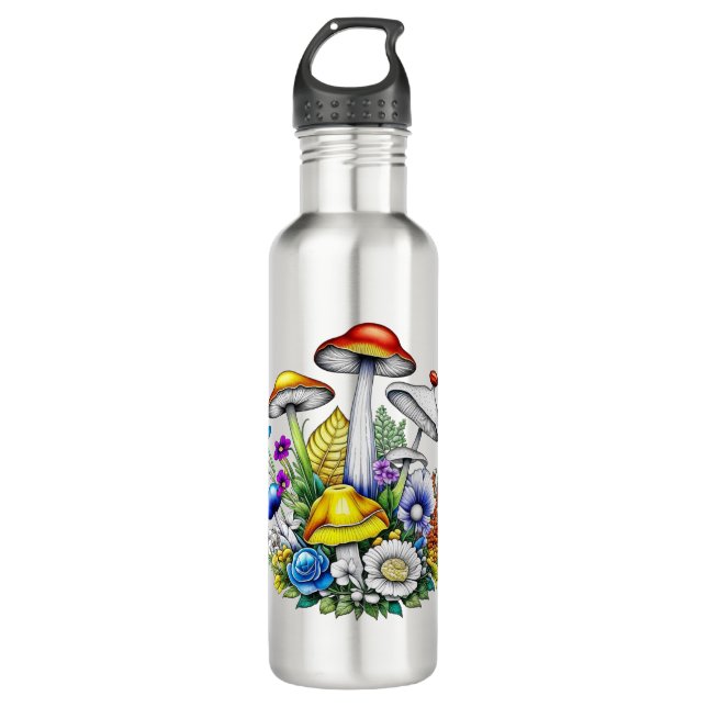 Whimsical Magical Mushrooms and Flowers 710 Ml Water Bottle (Front)