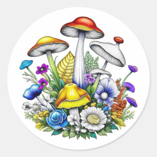 Whimsical Magical Mushrooms and Flowers Classic Round Sticker