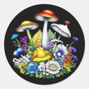 Whimsical Magical Mushrooms and Flowers Classic Round Sticker