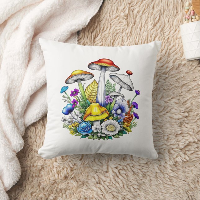 Whimsical Magical Mushrooms and Flowers Cushion (Blanket)