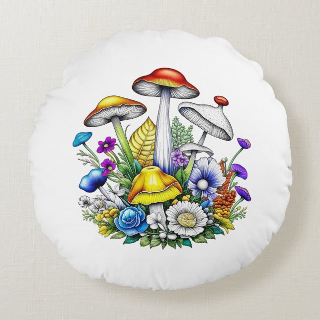 Whimsical Magical Mushrooms and Flowers Round Cushion (Front)
