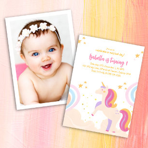 Whimsical magical unicorn birthday rainbow party invitation