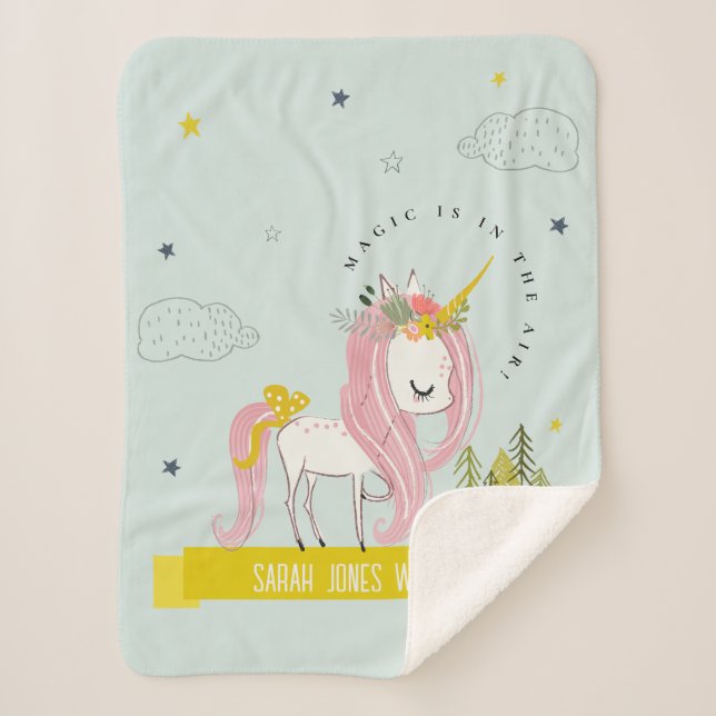 Whimsical Magical Unicorn Pink Aqua Teal Princess Sherpa Blanket (Front)