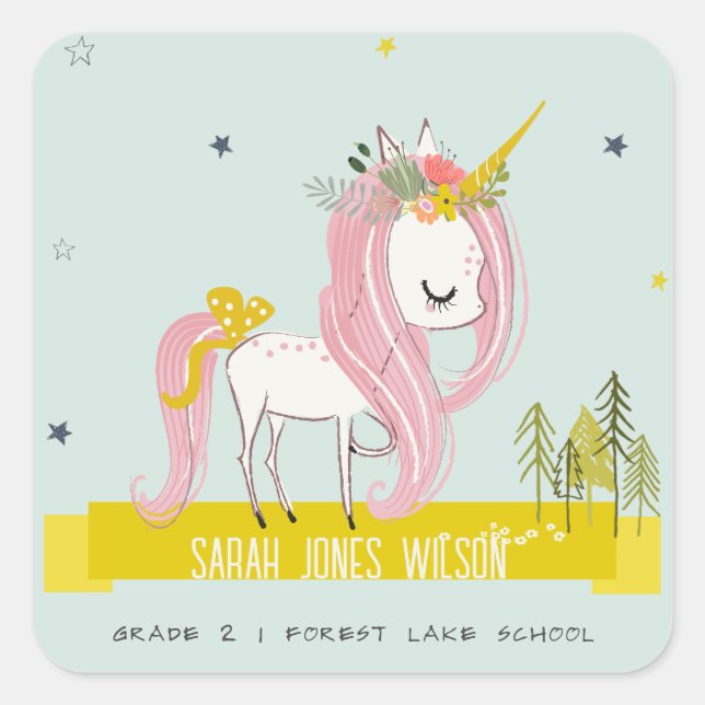 Whimsical Magical Unicorn Pink Aqua Teal Princess Square Sticker (Front)