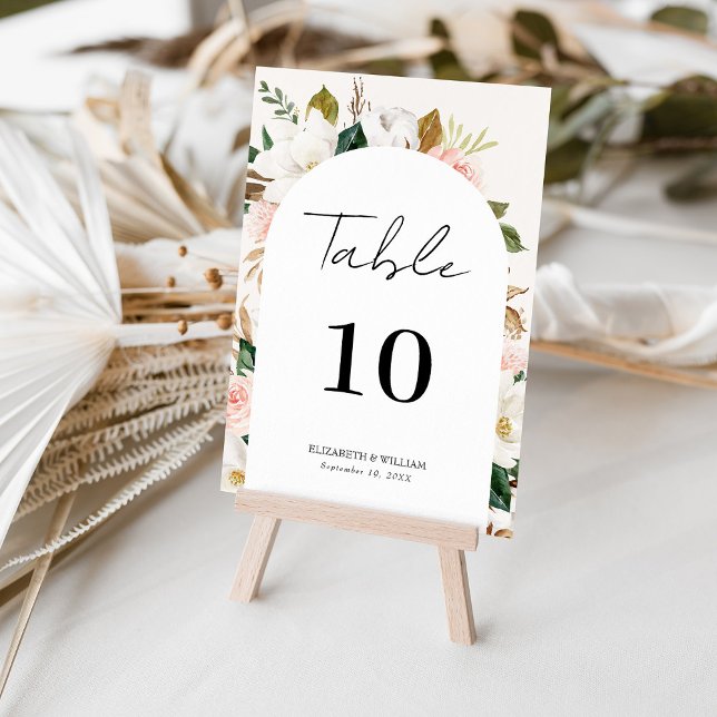 Whimsical Magnolia & Blush Floral Script Wedding Table Number (Creator Uploaded)