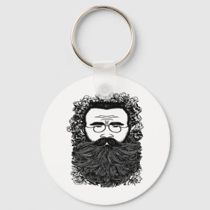 Whimsical Man Beard Moustache Flowers Art Key Ring