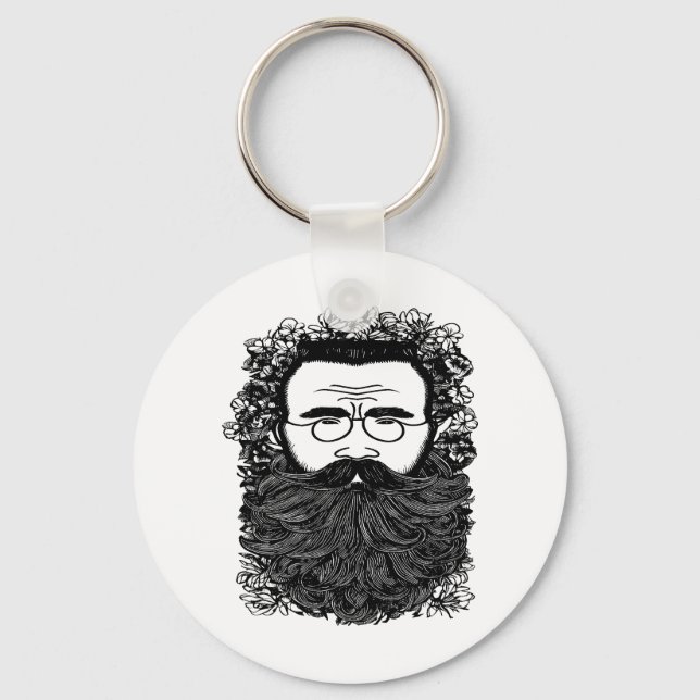 Whimsical Man Beard Moustache Flowers Art   Key Ring (Front)