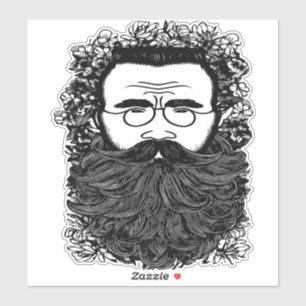 Whimsical Man Beard Mustache Flowers Art 