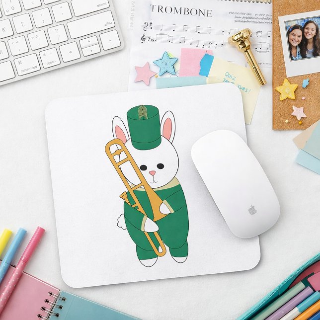 Whimsical Marching Bunny Musician Trombone Green  Mouse Pad (A mouse pad featuring a rabbit wearing green & gold marching band uniform while holding a trombone.)