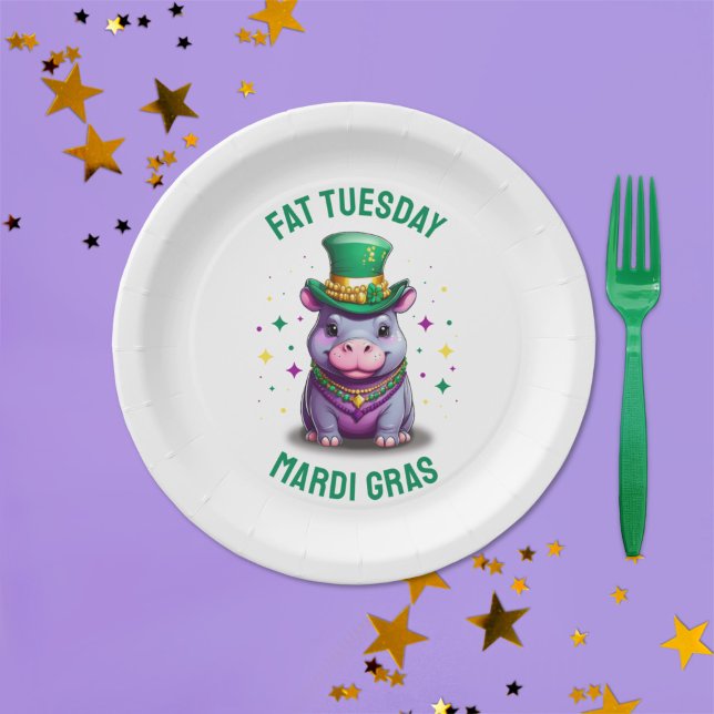 Whimsical Mardi Gras Fat Tuesday Hippo Paper Plate (Creator Uploaded)