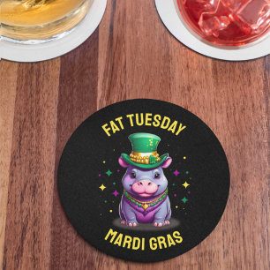 Whimsical Mardi Gras Fat Tuesday Hippo Sticker Round Paper Coaster