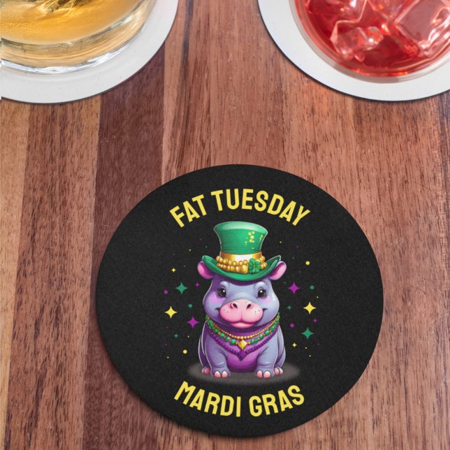 Whimsical Mardi Gras Fat Tuesday Hippo Sticker Round Paper Coaster (Creator Uploaded)