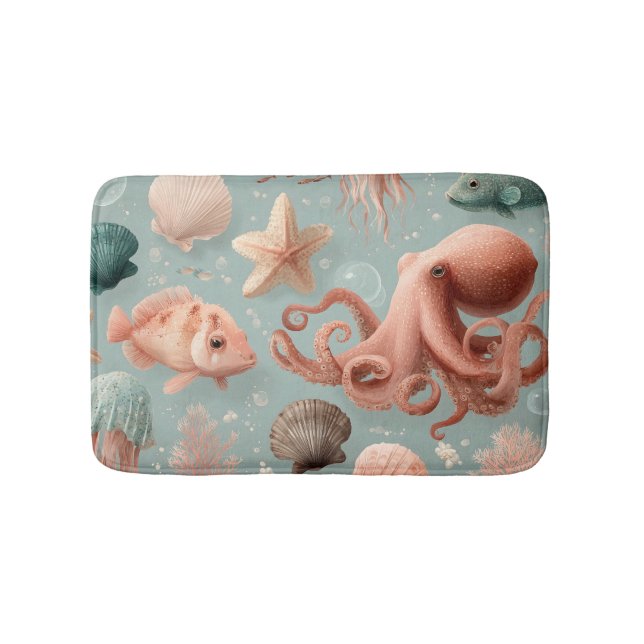 Whimsical Marine Life Pattern Bath Mat (Front)