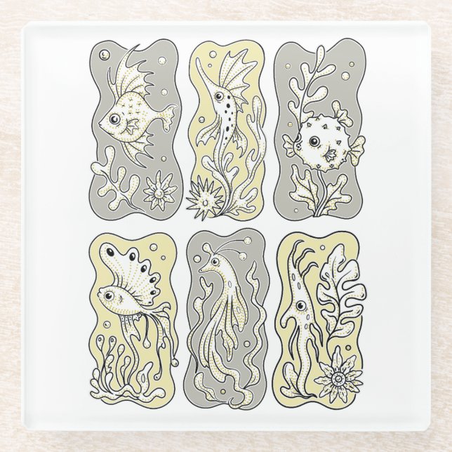 Whimsical Marine Life Pattern Glass Coaster (Front)