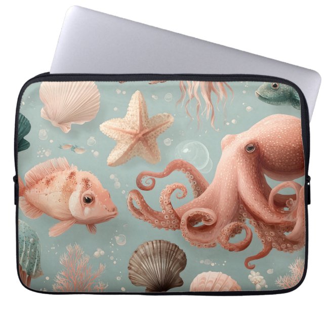 Whimsical Marine Life Pattern Laptop Sleeve (Front)