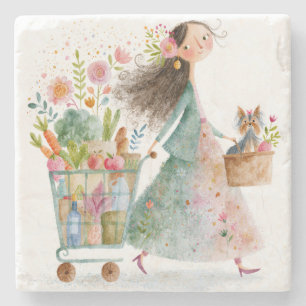 Whimsical Market Girl Watercolor Cottagecore Stone Coaster