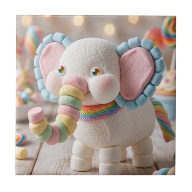 Whimsical Marshmallow Elephant and Pastel Candies Ceramic Tile (Front)