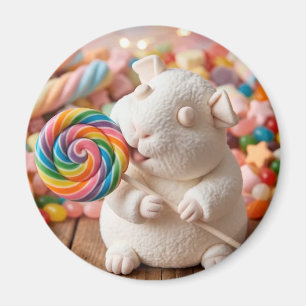 Whimsical Marshmallow Guinea Pig and Lollipop Magnet