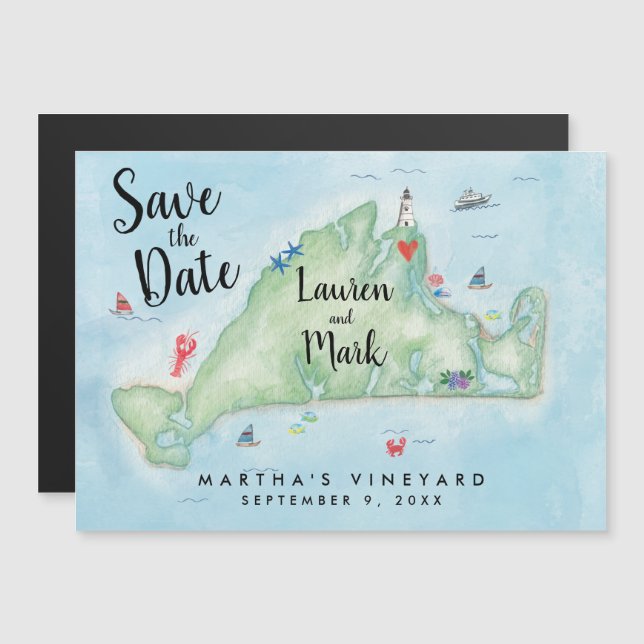 Whimsical Martha's Vineyard Map Save the Date Magnetic Invitation (Front/Back)