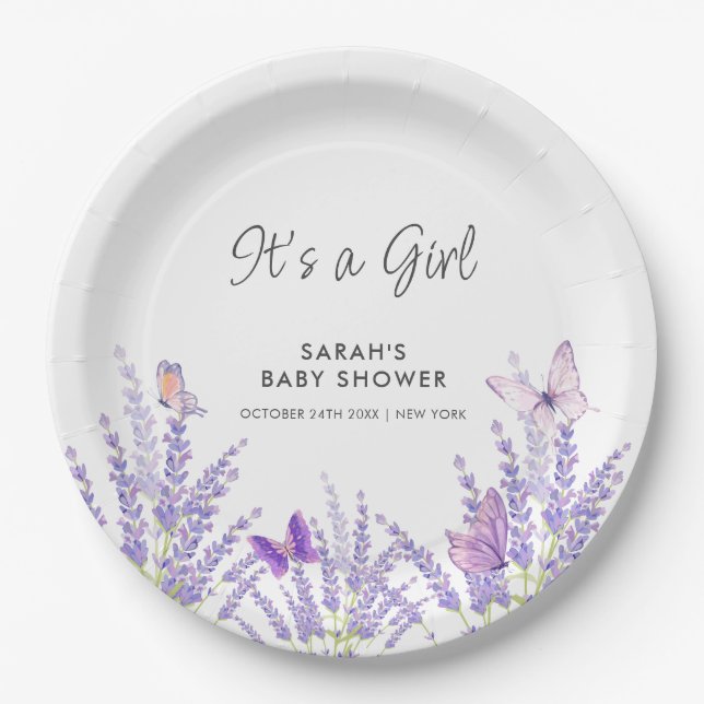 Whimsical Meadow Lavender Butterfly Baby Shower  Paper Plate (Front)