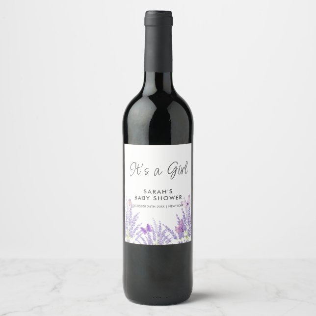 Whimsical Meadow Lavender Butterfly Baby Shower  Wine Label (Front)