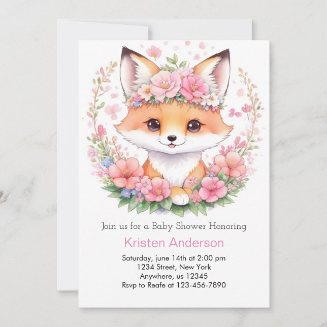 Whimsical Meadow Pink Fox Boho Girl Baby Shower Invitation (Front)