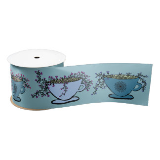 Whimsical Meditation Tea Pattern Blue Satin Ribbon