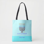 Whimsical Menorah "Happy Hanukkah" Customisable To Tote Bag<br><div class="desc">This Whimsical Menorah "Happy Hanukkah" Customisable Tote Bag features a fun illustration of a candle-laden menorah on light blue background with the words "Happy Hanukkah!" The durable polyester fabric bag comes in two convenient sizes — 16"x16" medium, and 18"x18" large, both lined, with black 28" cotton woven web straps. It's...</div>
